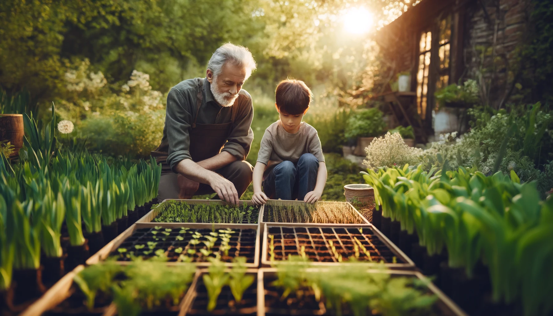 A man teaching a small boy to tend a garden.